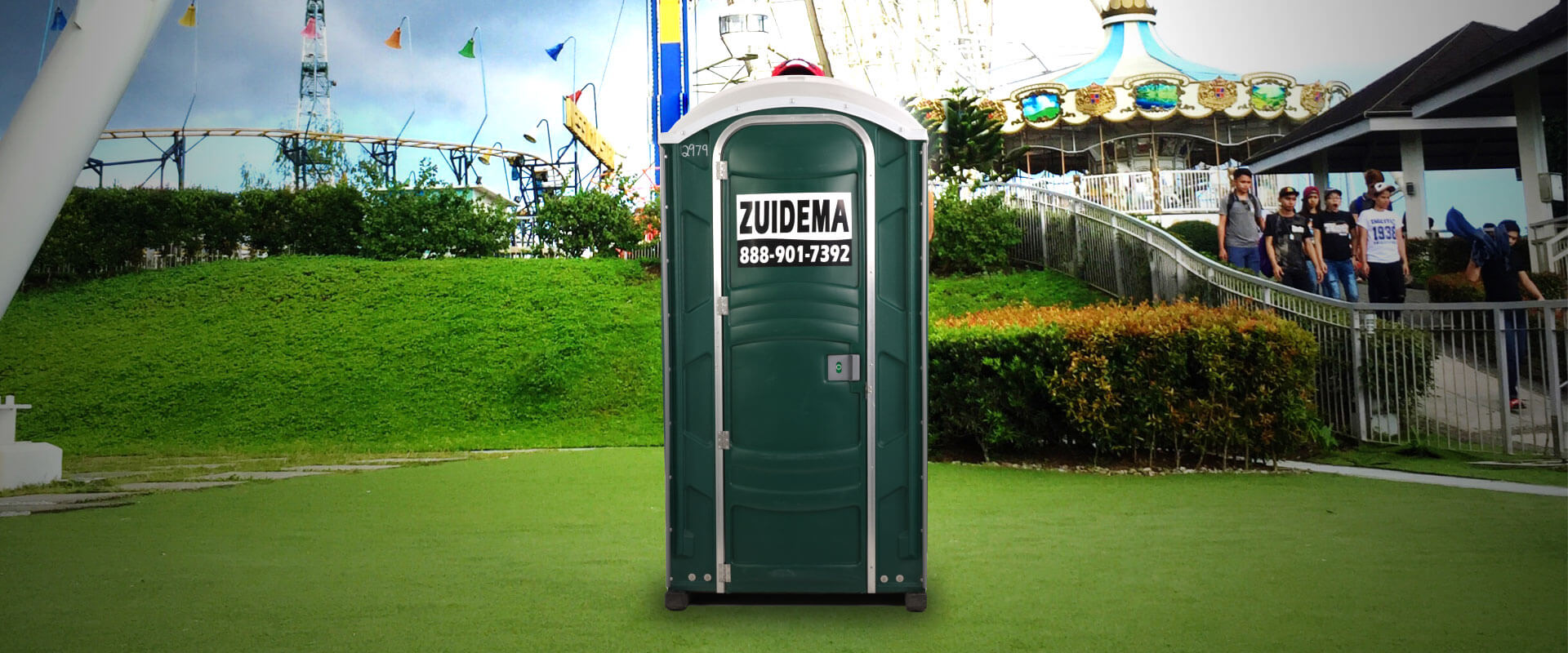 Zuidema portable toilet on lawn at carnival