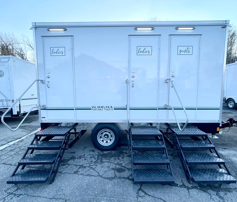 Zuidema portable 3-stall restroom trailer rental for weddings in New Jersey and New York
