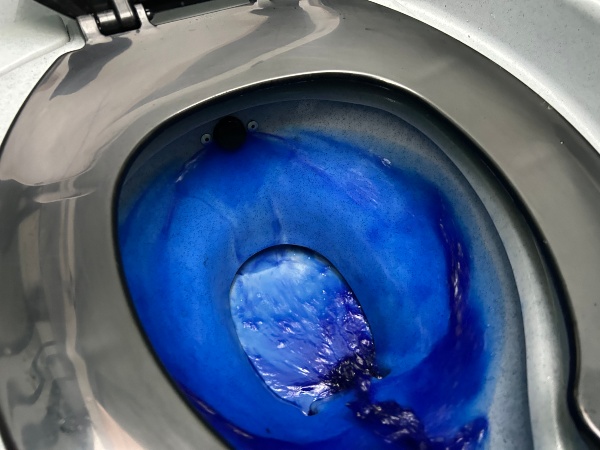 Blue liquid in toilet bowl inside porta potty