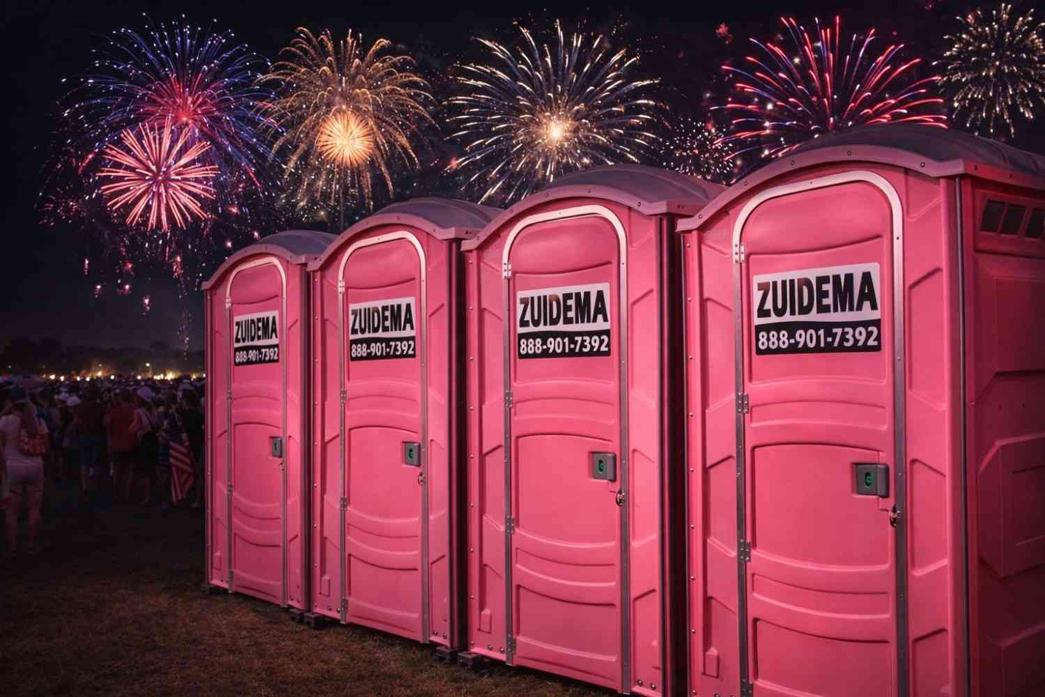Row of portable toilets at outdoor event with fireworks, available in New York and New Jersey