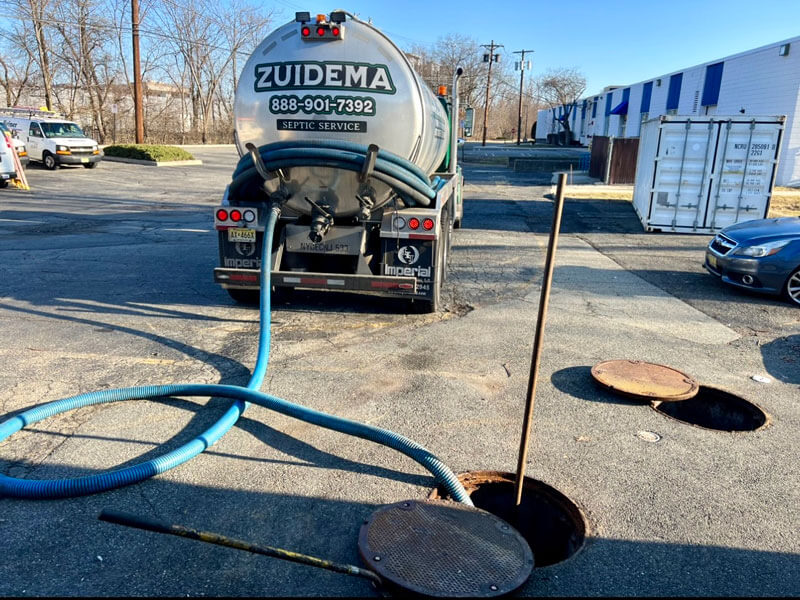 Zuidema septic truck with hose being used in hole